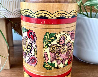 Hand Painted Vintage Folklore Russian or Ukrainian Wooden Storage Container