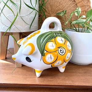 Mexican hand painted pottery clay piggy bank, yellow and green