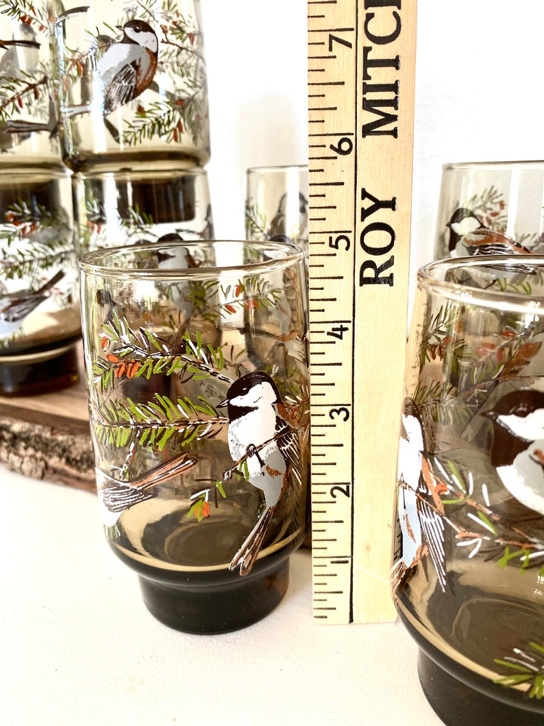 May include: Set of vintage drinking glasses with a bird and branch design. The glasses are clear with a dark base and feature a detailed illustration of a bird perched on a branch with green needles and red berries. Each glass is approximately 7.6 cm tall.