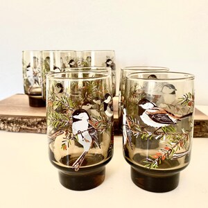 May include: A set of six vintage drinking glasses. Each glass is decorated with a detailed illustration of a bird on a branch with green needles and red berries. The glasses have a smoky grey tint and a sturdy, rounded base.