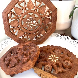 Set of 3 Carved Wood and Brass Inlay Trivet Plant Stand