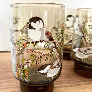 May include: Set of four vintage drinking glasses. Each glass has a brown base and a clear upper section with a painted design of a bird perched on a branch with green needles and orange berries. The birds have black, white, and brown markings.