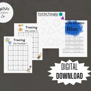 printable Kids tracing activity bundle US letter size PDF, instant download activity pages, numbers, shapes, colors, alphabets