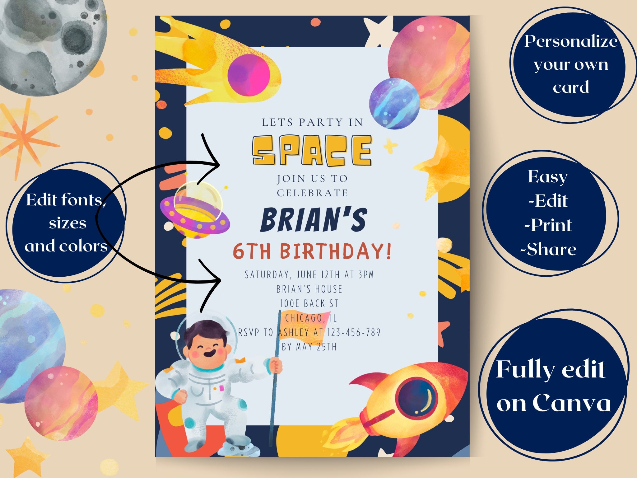 EDITABLE Party in Space Birthday Invitation Template - Etsy