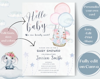 Baby Shower Invitation, Cute Invitation, Elephant, Editable Invitation ...
