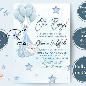 MODIFIABLE Oh Boy! Modèle d&#39;invitation de douche de bébé bleu