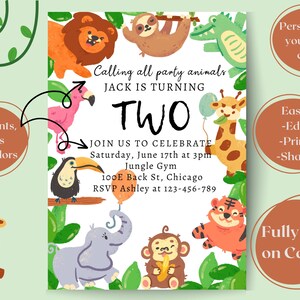 EDITABLE Jungle Animals Birthday Invitation Template