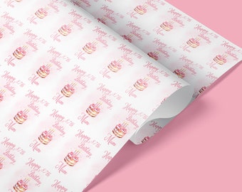 Papel de regalo personalizado para pastel de cumpleaños rosa, papel de regalo de cumpleaños, pastel de cumpleaños, papel de regalo rosa, tarjeta de cumpleaños a juego disponible