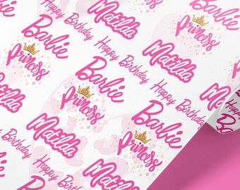 Barbie gepersonaliseerd inpakpapier, cadeauverpakking, Barbie inpakpapier, roze, Barbie cadeauverpakking, beschikbare bijpassende Barbie verjaardagskaart