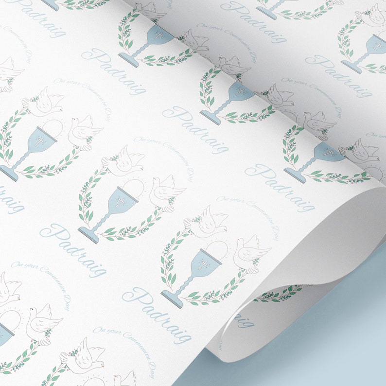 Personalised Holy Communion Gift Wrapping, First Communion wrapping paper, For him, For her,First Holy Communion wrapping paper Blue