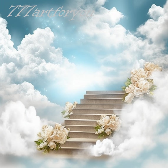 In Loving Memory PNG, Memorial Background Template Stairs to Heaven, Rest  in Peace, Cloudy Sky, 04 Designs Included for Instant Download