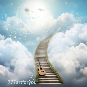 Melodic Blue Sky Tribute: Gitarristens RIP-minnesbakgrund PNG med Heavens Stairway In Loving Memory-begravningsmall för gitarrspelare