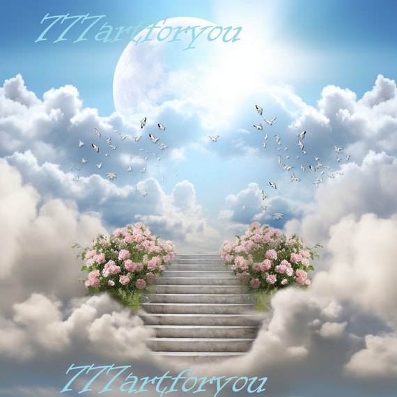 In Loving Memory PNG, Memorial Background Template Stairs to Heaven, Rest  in Peace, Cloudy Sky, 04 Designs Included for Instant Download