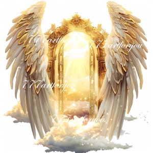 May include: A golden archway with a view of clouds and a bright light shining through. Two large white and gold angel wings frame the archway.