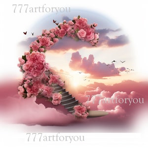 In Loving Memory PNG, red Sky Heaven Stairway Memorial Background for Funeral, Memorial & Remembrance. Sublimation