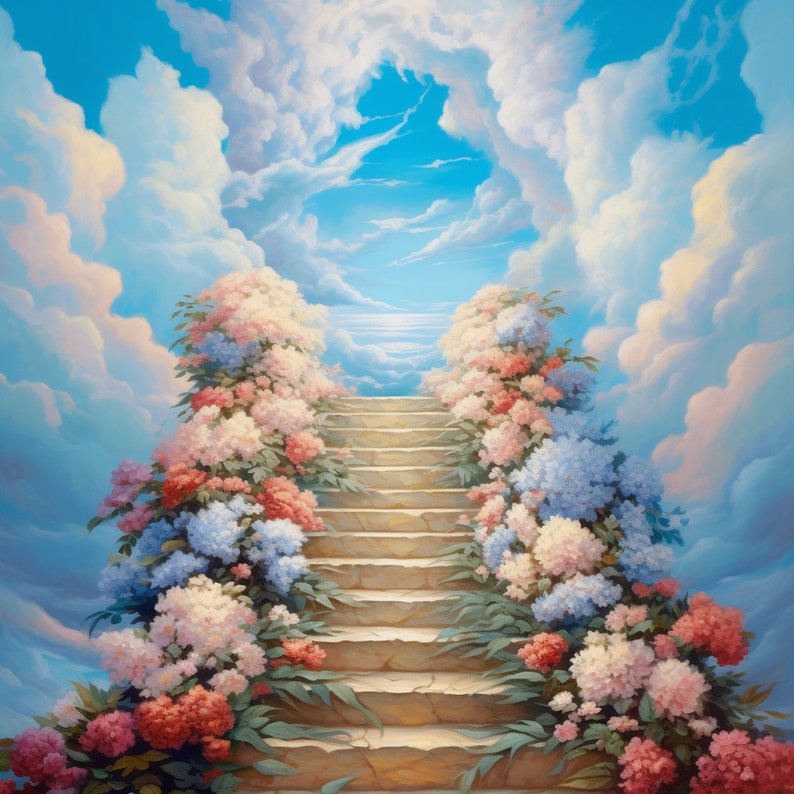 May include: A painting of a stairway to heaven, with white stone steps leading up to a bright light. The steps are flanked by lush pink and blue flowers.