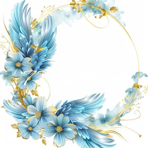 Blue Yellow Happy Heavenly Birthday,Gold Frames,Forever In Our Hearts,Angel Wings Memorial PNG,Add Photo,Rest In Peace Template,RIP