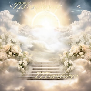 In Loving Memory PNG, Memorial Background Template Stairs to Heaven, Rest in Peace, Cloudy Sky, 04 Designs Included for Instant Download