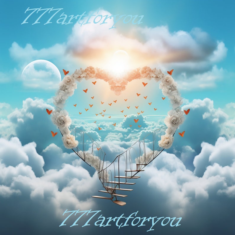 May include: A heart-shaped cloud formation with a stairway leading up to a bright light. The clouds are white and fluffy, and the sky is blue. The text "777artforyou" appears at the top and bottom of the image.