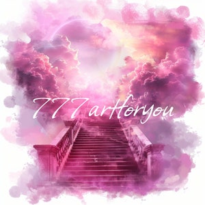 In Loving Memory PNG, pink Sky Heaven Stairway Memorial Background for Funeral, Memorial & Remembrance. Canva Memorial T-Shirt Sublimation.