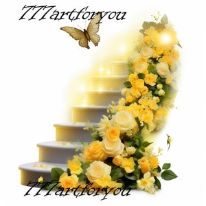 May include: A white staircase decorated with yellow roses and greenery. The staircase is lit with small, white lights. The image has the text "777artforyou" at the top and bottom.