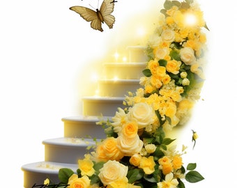 Yellow Black Rest In Heaven Stairs Forever In Our Hearts Angel PNG add words photo rest in peace template for funeral RIP Memorial