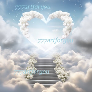 Plantilla editable de Canva In Loving Memory, camiseta conmemorativa PNG, escalera al cielo, azul y blanco, funeral y celebración de la vida, puerta de entrada, corazón