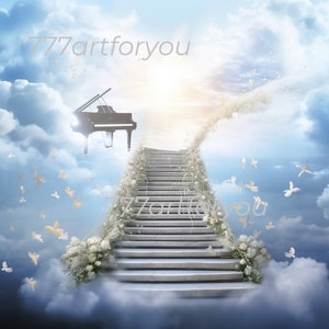 In Loving Memory PNG Memorial Templates for Pianist | Stairs to Heaven, Rest in Peace | Cloudy Sky Background | Instant Download