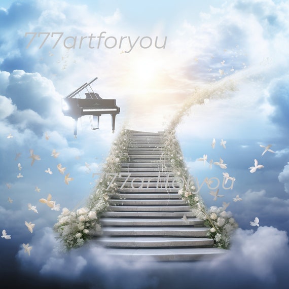 In Loving Memory PNG, Memorial Background Template Stairs to Heaven, Rest  in Peace, Cloudy Sky, 04 Designs Included for Instant Download