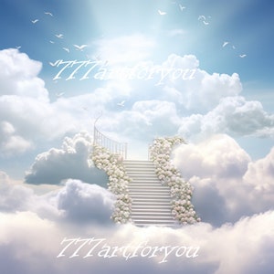 In loving memory template with white background and a stair way to heaven with clouds Image template for memorial