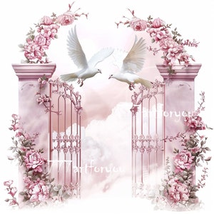 Pink Heaven Pink Gate Doves Memorial Background PNG add photo rest in peace template for funeral RIP Memorial