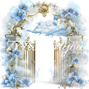 Blue Heavens Stairway In Loving Memory Angel Wings Memorial Background PNG add photo rest in peace template for funeral RIP Memorial
