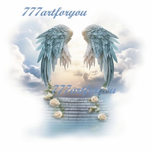 In Loving Memory PNG, Memorial Background Template Stairs to Heaven, Rest in Peace, Cloudy Sky, 04 Designs Included for Instant Download