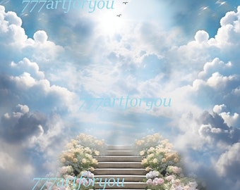 Loving Memory PNG Blue Sky Heaven Stairway Memorial Background - Canva Sublimation Design"