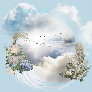In Loving Memory PNG, Blue Sky Stairway To Heaven Memorial Background for Funeral, Memorial & Remembrance. Canva Memorial Sublimation Design