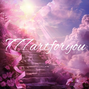 May include: A pink ribbon with the text "777artforyou" is on a staircase leading up to a bright, pink and white sky with clouds. The staircase is surrounded by pink flowers and waterfalls.