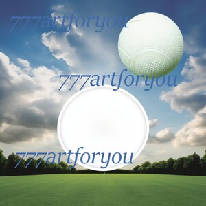 May include: A white circle with the text "777artforyou" in blue, against a blue sky with white clouds. A white ball is floating above the circle.