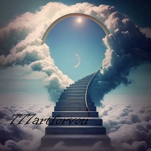In Loving Memory PNG, Memorial Background Template Stairs to Heaven, Rest in Peace, Cloudy Sky, 04 Designs Included for Instant Download