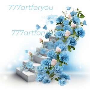 Blue Sky Blue Rose Heaven Stairway In Loving Memory Doves Forever In Our Hearts PNG add photo rest in peace template funeral RIP Memorial