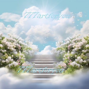 Blue Heavens Stairway In Loving Memory Angel Wings Memorial Background PNG add photo rest in peace template for funeral RIP Memorial