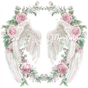 Pink Roses In Loving Memory Angel Wings Memorial Background PNG add photo rest in peace template for funeral RIP Memorial