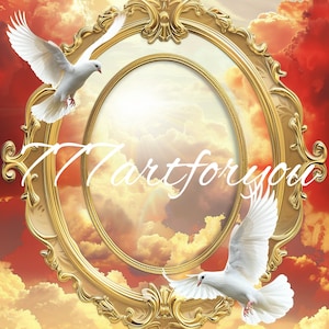 Marcos dorados de cielo rojo En memoria amorosa Palomas Alas de ángel Memorial PNG agregar foto descansa en paz plantilla para funeral RIP memorial