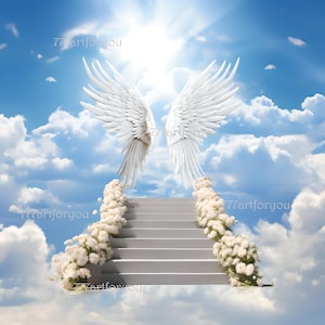 Serene Blue Sky Memorial Background | RIP Template with Clouds & Heavens Stairway | Funeral Tribute&quot;