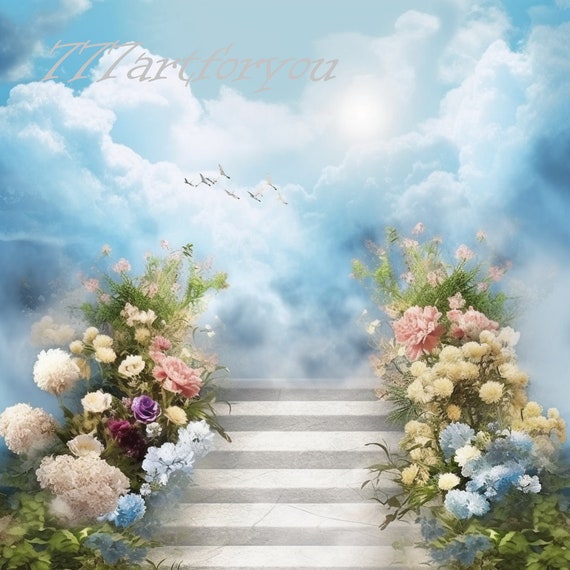 In Loving Memory PNG, Memorial Background Template Stairs to Heaven, Rest  in Peace, Cloudy Sky, 04 Designs Included for Instant Download