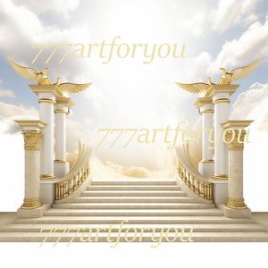 May include: A white stone staircase with gold railings leads up to a bright, cloudy sky. Two golden eagles with outstretched wings stand atop white columns on either side of the staircase.