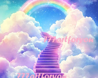 W kochającej pamięci PNG - Tęczowe schody do nieba - Szablon projektu pamiątkowego - Cyfrowy plik ze skrzydłami anioła - Natychmiastowe pobranie