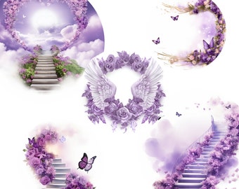 Purple Heavens Stairway W kochającej pamięci Angel Wings Memorial Background PNG dodaj zdjęcie spoczywaj w pokoju szablon na pogrzeb RIP Memorial