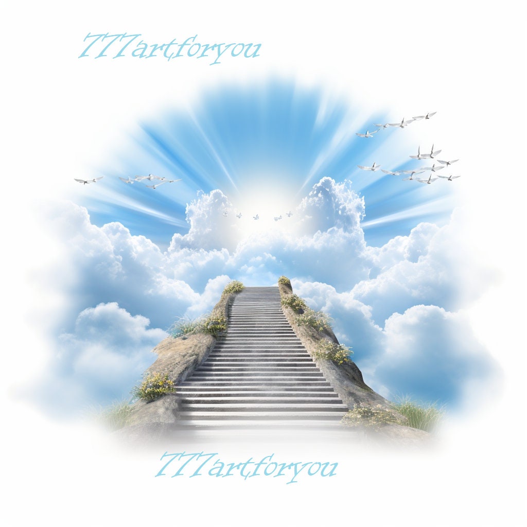 In Loving Memory PNG, Blue Sky Heaven Stairway Memorial Background for Funeral, Memorial & Remembrance. Canva Memorial T-Shirt Sublimation.