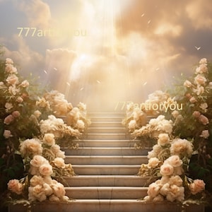 May include: A white stone staircase leading up to a bright light, framed by lush greenery with white and cream roses. The scene is reminiscent of a heavenly or spiritual setting.