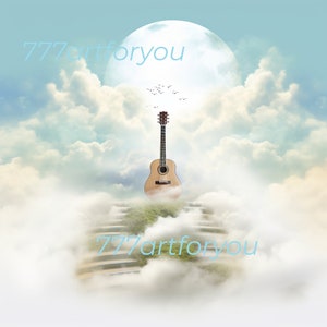 In Loving Memory PNG Memorial Templates for Guitarist | Stairs to Heaven, Rest in Peace | Cloudy Sky Background | Instant Download